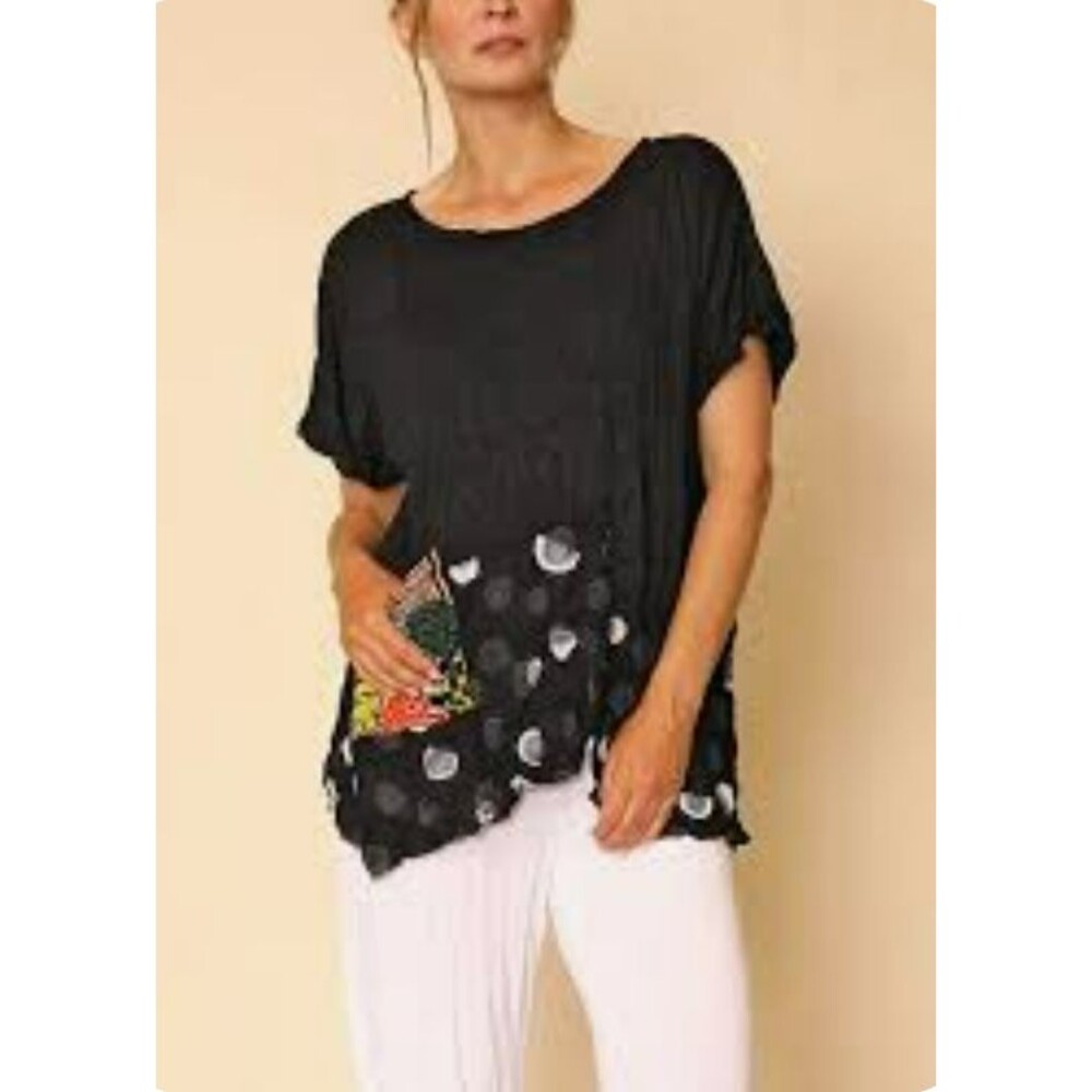 Chalet et Ceci Top Size L Artsy Pocket Asymmetric Polka Dot Mixed Media BOHO
